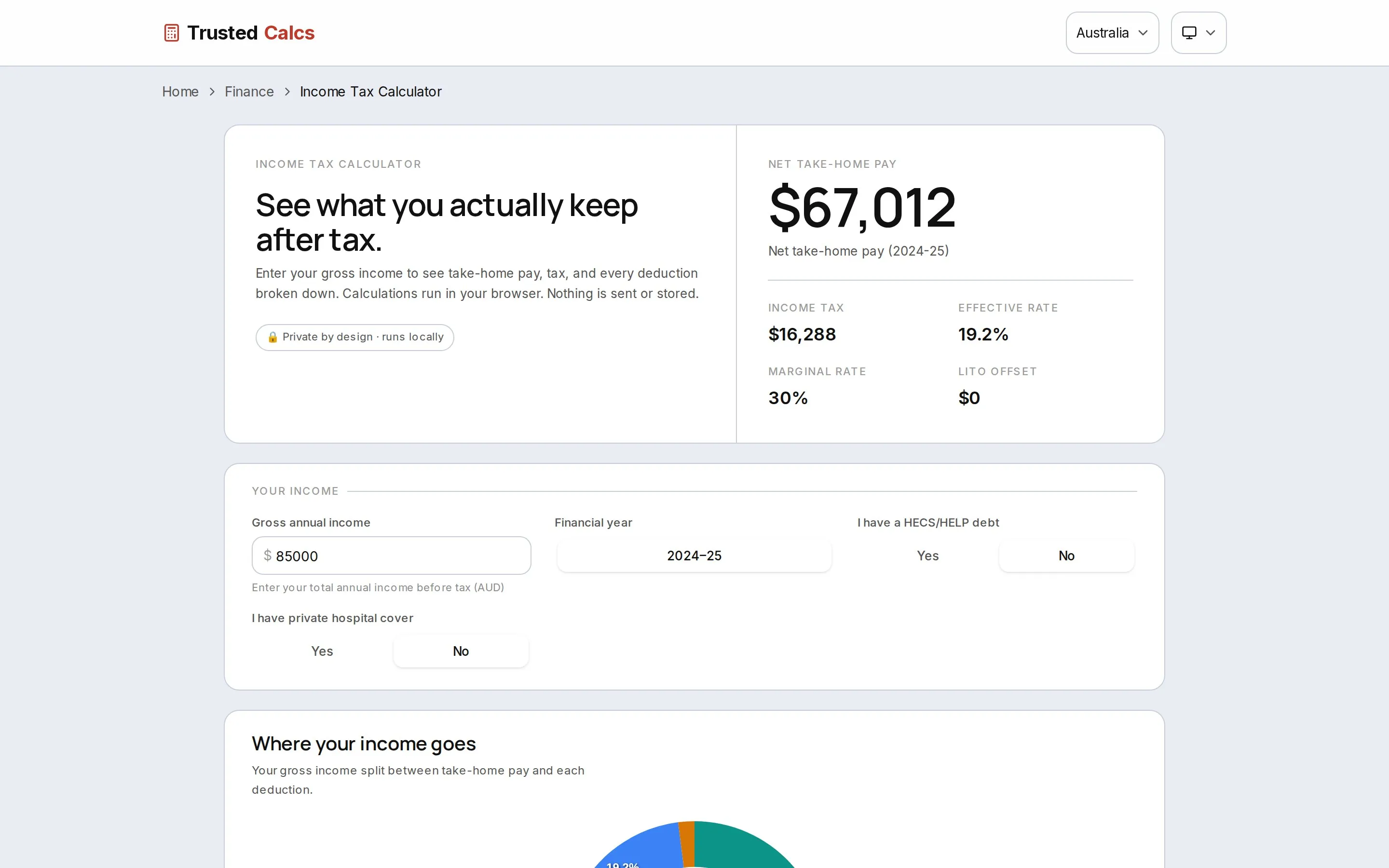 TrustedCalcs Australian income tax calculator with ATO-sourced brackets