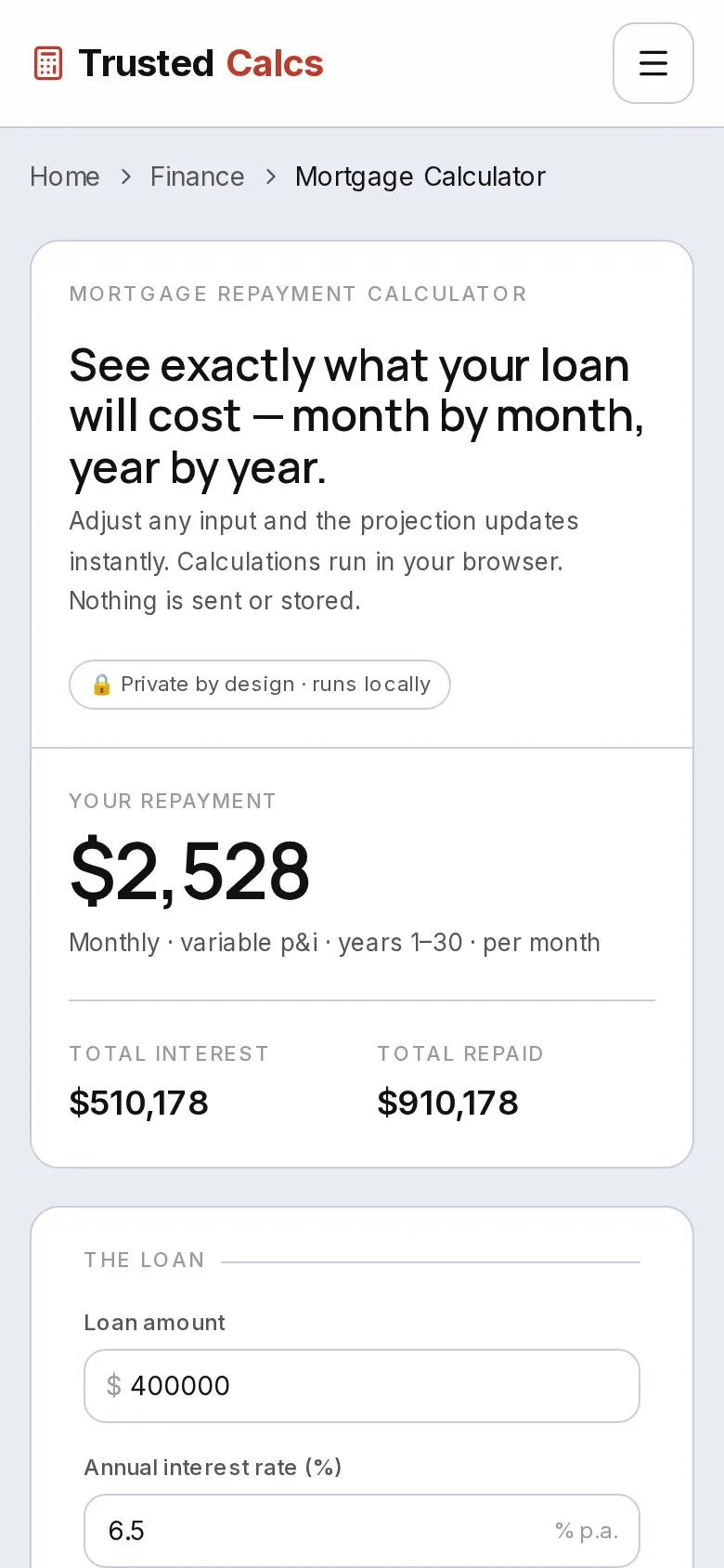 TrustedCalcs mortgage calculator on a phone